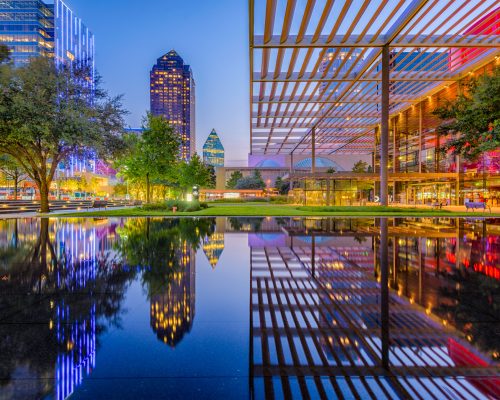 Dallas, Texas, USA downtown cityscape at twilight.